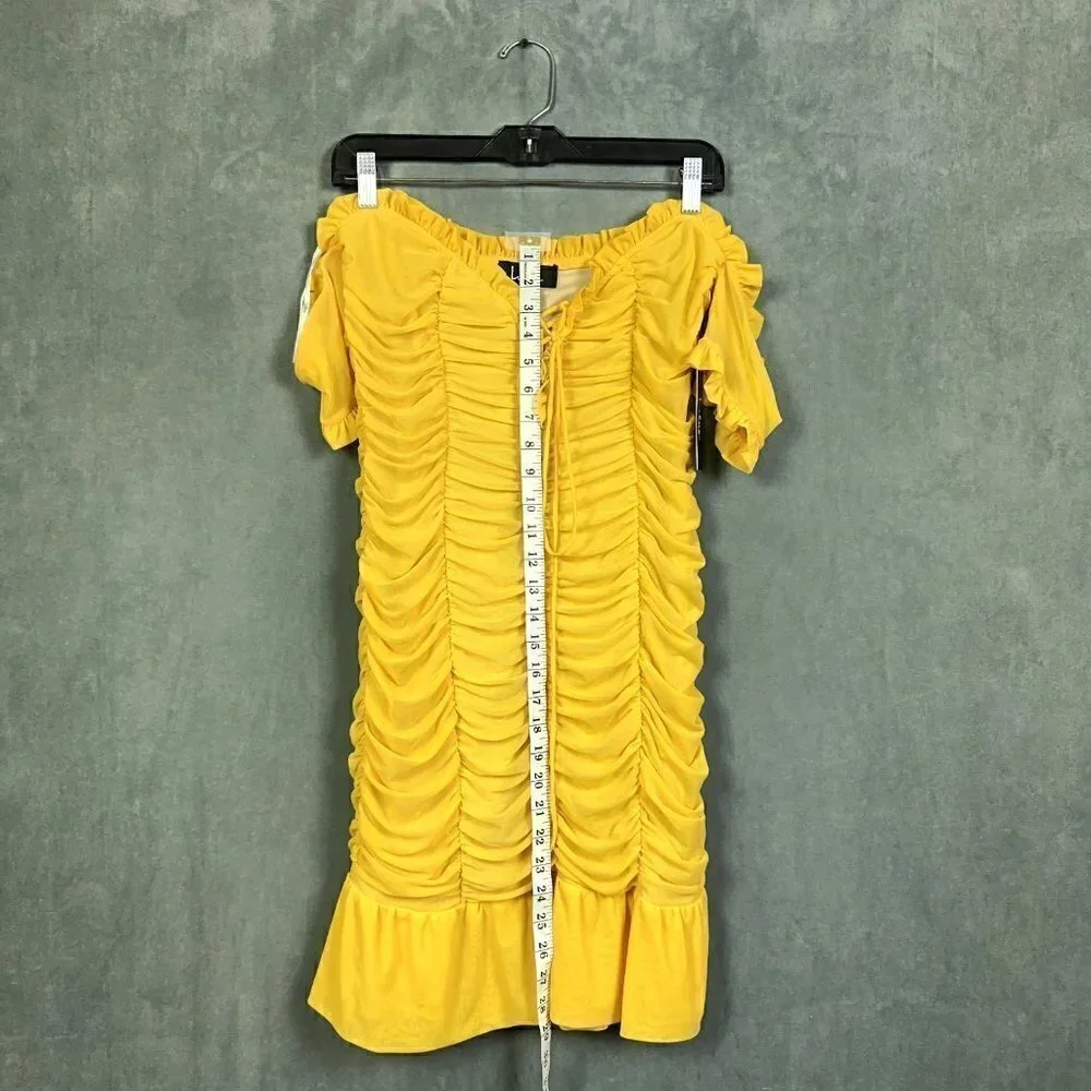 LULUS Dress Womens Size L Mustard Yellow Ruched Off-the-Shoulder Bodycon - Picture 3 of 12
